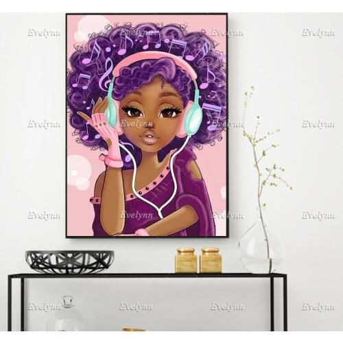 Afro Girl Poster , Black Teenager Wall Decor, Afro Hair Canvas, Purple Black Girl Art, Home Decor Prints Wall Art Canvas Gift