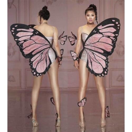 Sexy Butterfly wings Rhinestone Bodysuit Cosplay Costume Crystal Outfit Performance Women Stage One-piece Show Party Dance Wear