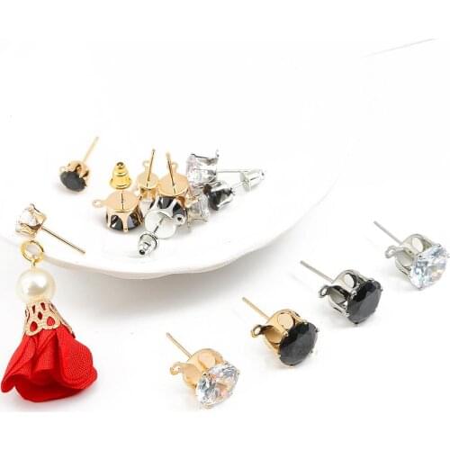 10pcs Gold Silver 6/8/10mm Zircon Crystal Ear Stud Findings With Hole Ear Drop Women Girl Diy Earring Accessories With Earplugs