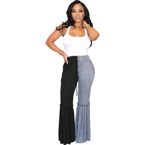 High Waist Drawstring Flare Stretch Pants for Women 2021 Summer Fashion Loose Long Trouser Streetwear Panelled Woman Pants