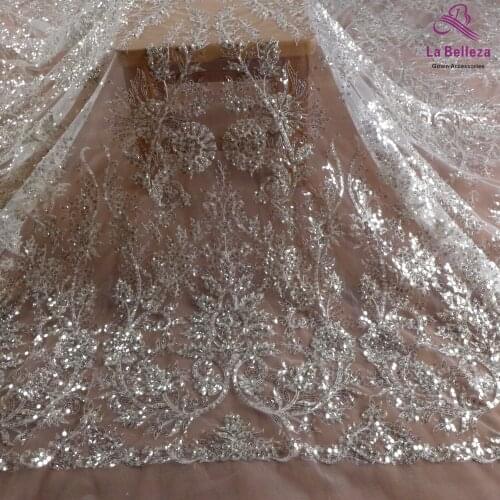 La Belleza 2021 fashion bridal lace,simple lines beading lace fabric,silver beading wedding dress lace fabric 51'' width 1 yard