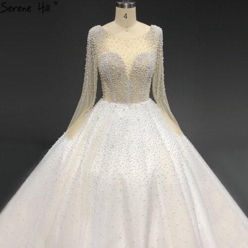 Serene Hill Ivory Dubai O-Neck Wedding Dresses 2020 Pearls Crtstal Long Sleeves Sexy Bridal Gowns HA2429 Custom Made