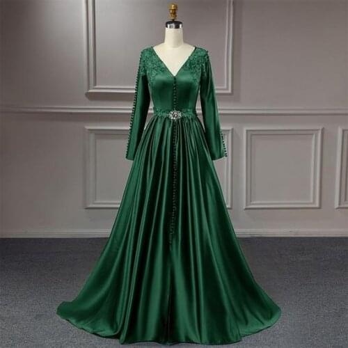 Dark green Moroccan Caftan Evening Dresses Satin lace bodice beaded applique waist v neck long sleeves with buttons prom gowns
