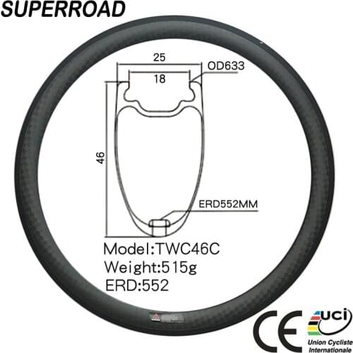 High Quality Superroad 25mm Wide 46mm Deep Road Toray Carbon T700 T800 Bicycle Tubeless Rims