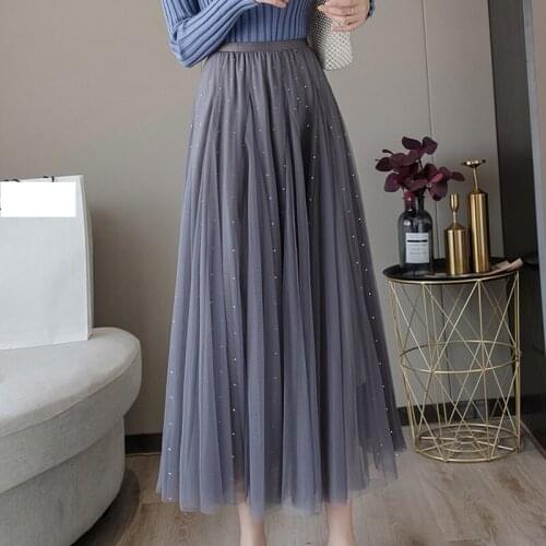 Mesh Tulle Skirt Women Spring Autumn Skirts Womens Korean Fashion Sequins Elastic High Waist A-Line Long Pleated Skirt Female