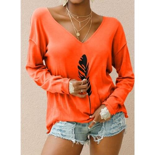 Women Clothing 2020 Autumn and Winter New Sports Casual Loose V-neck Long-sleeved Printed T-shirt Top Women Harajuku Tops