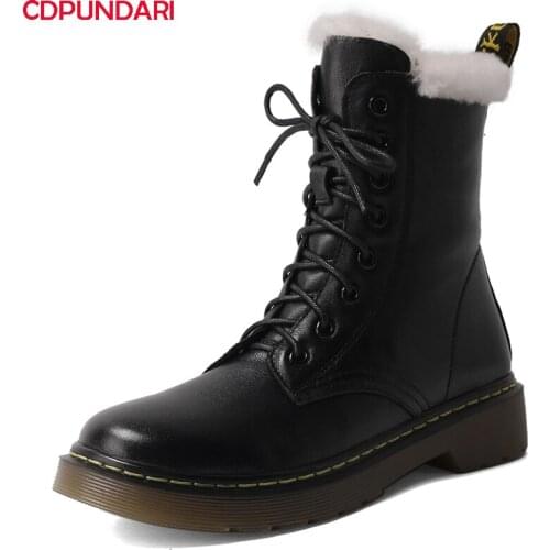 New 2021 Genuine Leather Low Heels Platform Ankle Boots For Women Winter Wool Martin Snow Short Boots Shoes Bottines Femme Black