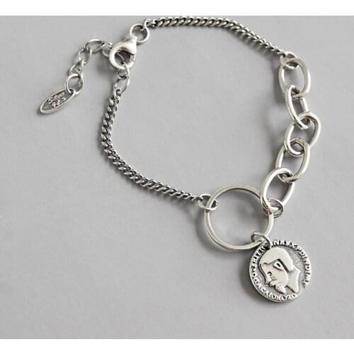 Retro 925 Sterling Silver Round Medal Coin Bracelets For Women Vintage Wrist Curb Chain Circle Charm Bracelet Jewelry Girls Gift