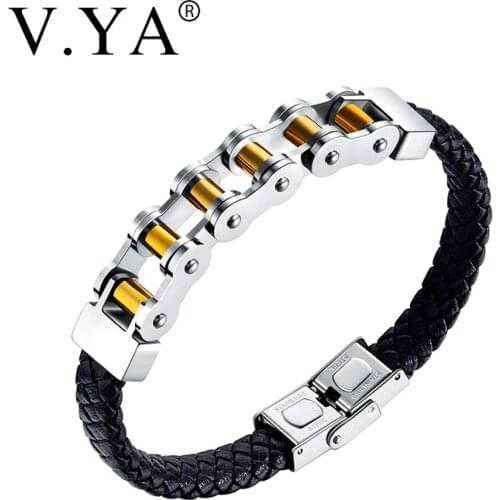 V.YA Stainless steel locomotive chain bracelet Leather couple bracelets for women Quality Bangle for men Jewelry gift