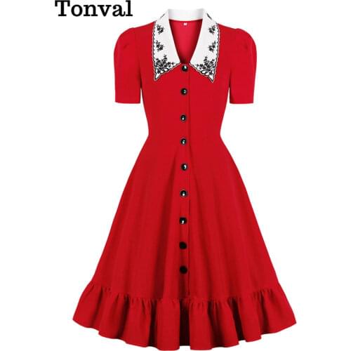 Tonval Floral Peter Pan Collar Elegant Button Up Red Vintage Dress for Women Short Sleeve Ruffle Hem Midi Dresses