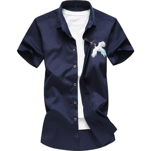 2018 New Summer Mens Print Shirt Chinese Style Crane Embroidery Short Sleeve Shirt Mens Clothes Trend Casual Mens Shirts M-7XL
