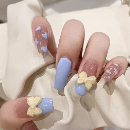 24pcs Pink Blue Wear Long Paragraph Fashion Manicure Patch False Nails Save Time Wearable Nail Patch Fake Nails