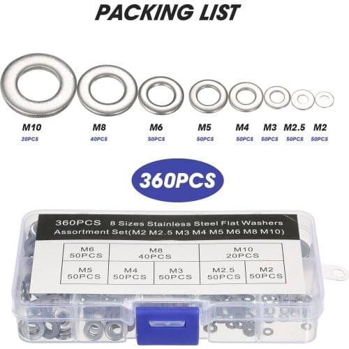 360Pcs Stainless Steel Washer Metal Gasket Flat Sealing Ring Seal Assortment Kit with Storage Case 8 Sizes Hardware Accessory