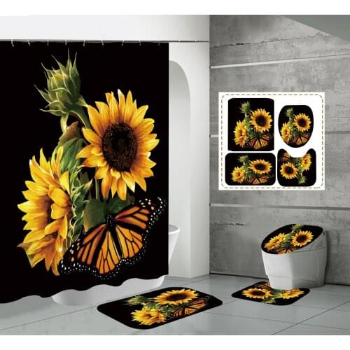 4 Pcs Sunflowers Shower Curtain Sets with Non-Slip Rug, Toilet Lid Cover and Bath Mat, Yellow Flower Gold Butterfly Curtain Set