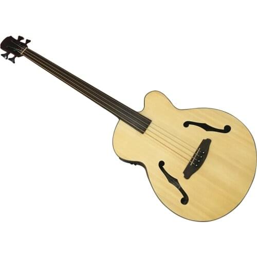43 Inch Full Flame OAK Wood Acoustic Bass Guitar 4 Strings Fretless Folk Guitar Cutaway Design Matte Jumbo Guitar with Bag
