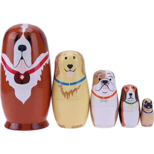 5pcs/lot Wooden Dog Type Matryoshka Dolls Handmade Painting Interactive Russian Nesting Dolls Baby Wood Craft Kids Birthday Gift