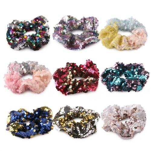 XIMA 9pcs/lot Hot Sale Reversible Change Color Sequins Fabric Hair Ties Reversible Bow Hair Band for Women