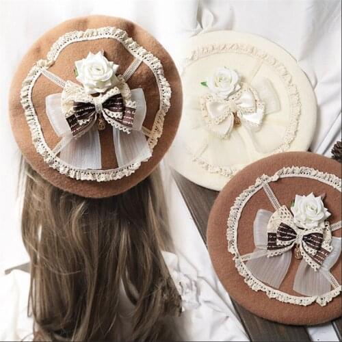Lolita Berets Wool Blend Hat Women Girls Lace Bow Rose Flower Preppy Chic College Students Cap B1580