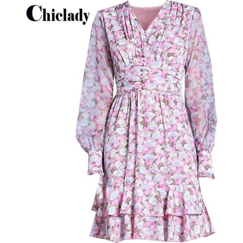 CHICLADY pink floral printed mini dress women summer autumn chiffon lantern sleeve v-neck buttons designer dresses light large