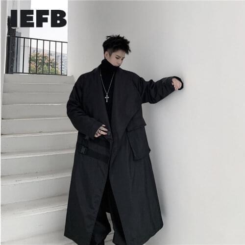 IEFB Big Lapel Black Long Trench Coat For Men 2021 Autumn New Carabiner Decorative Pockets Loose Big Size Windbreaker 9Y4708