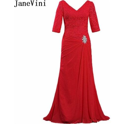 JaneVini 2018 Elegant Red Lace Crystal Mother of the Bride Dresses V Neck Half Sleeves Mermaid Chiffon Evening Godmother Gowns