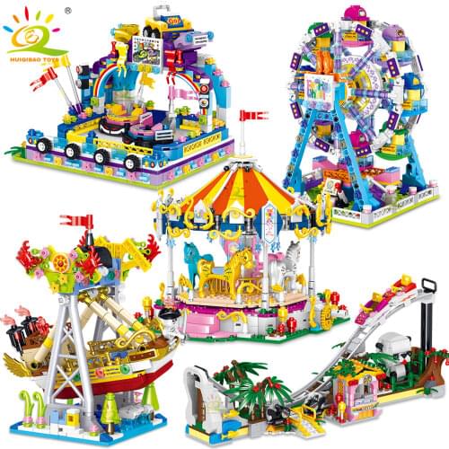 HUIQIBAO 792pcs Amusement Park Carousel 3D Model Micro Building Blocks City Street View Architecture Mini Bricks Children Toys