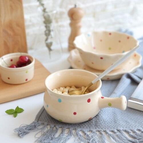 Ceramic Japanese Wave Point Handle Bowl Creative Family Breakfast Bowl Oatmeal Bowl Dessert Bowl with Handle Pot Ceramic