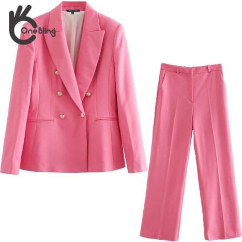 OneBling 2021 Za Autumn Traf Casual 2 Piece Sets Office Lady Long Blazers Ankle Length Straight Pants Women Suits Female Outfit