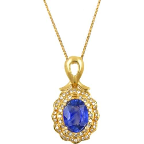 18K Real Gold 1.15ct Sri Lanka Blue Sapphire Pendant With Diamond Womens Fine Jewelry