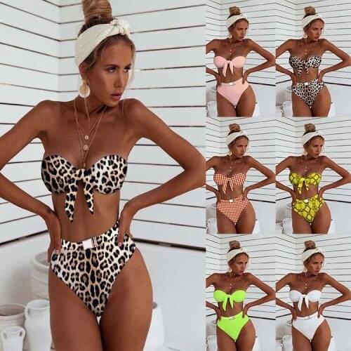 Two Piece Women High Waist Leopard Print Buckle Ladies Swimwear Bikini Sets Sexy Bow Knot Front Monokini Bather Swimming Suit