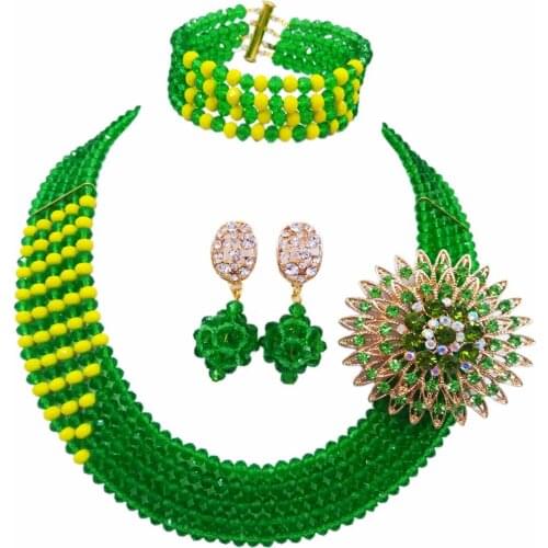 Fashion Green Yellow Multi Strands Statement Necklace Nigerian Wedding African Beads Jewelry Set Crystal 5JZ05