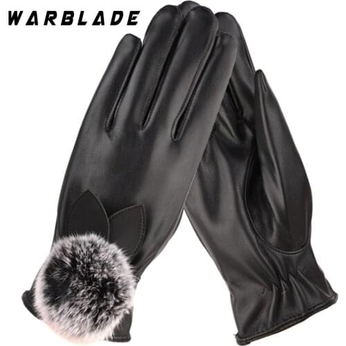 Fashion Women Warm Thick Winter Gloves Leather Elegant Girls Brand Mittens Free Size With Rabbit Fur Female Gloves WarBLade
