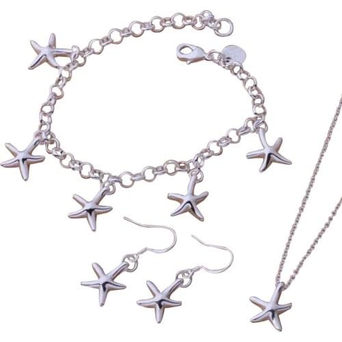 Fashion Women Starfish Pendant Bracelet Chain Necklace Hook Drop Dangle Earrings Statement Wedding Party Jewelry Set Wholesale