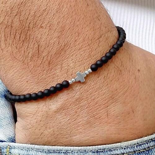 Mens Bracelet Bracelet Perle Homme Black Onyx with Cross Beaded Men Bracelet Mens Beaded Bracelet