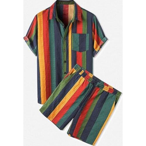 2021 Casual Lapel Shirts And Drawstring Shorts Suits Men Clothing Summer Streetwear Vintage Style Outfits Striped Print Men Sets