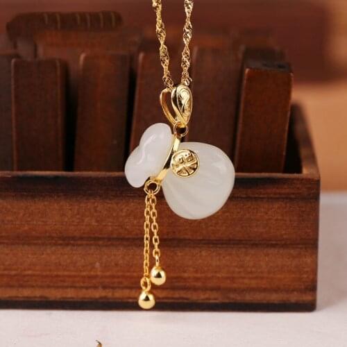 New Silver Inlaid Natural Hetian Chalcedony Bag Shape Pendant Necklace Female Charm High Sense Niche Design Jewelry