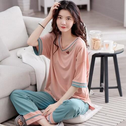 New Pajamas Womens Spring and Summer Short-sleeved Trousers Pure Cotton Thin Home Wear Plus Size Casual Suit Woman Clothes