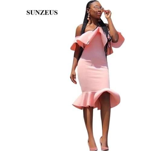 Vestido Formatura Pink Prom Dress African Black Girls Off Shoulder Party Dresses With Ruffles Knee Length Mermaid Formal Gown