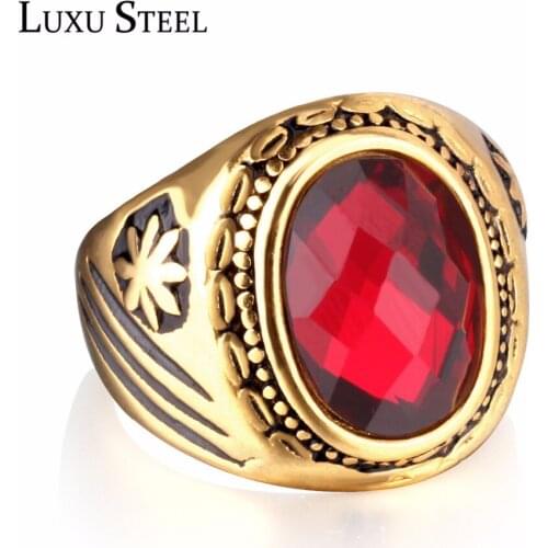 LUXUSTEEL Female Red Crystal Stainless Steel Gold Color Wedding Rings Trendy Style Fashion Rings For Women Wholesale