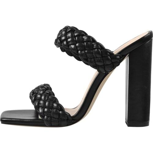 Onlymaker Womens Square Open Toe Chunky High Heels Sandals Mules Black Weave PU Double Strappy Big Size EU46 US15 Slip-On Shoes