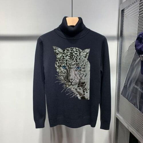 European Extra-Large Warmth Diamond Leopard Slim Mens Turtleneck Sweater High-Quality Young Fashion Pullover
