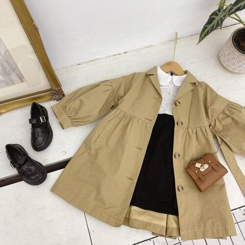 Trench Turn Down Collar Solid Cotton Casual Simple Beautiful New Fashion Spring Autumn Children Clothes for Girls