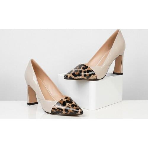 INS hot women Pumps Genuine Leather 22-24.5cm Cowhide Patent leather Internet celebrity shoes woman Printed Leopard 8.5cm Heel