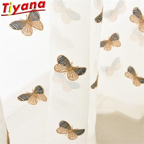 Yellow Butterfly Embroidered Tulle for Living Room White Imitation Hemp Gauze for Balcony Kitchen Customized Products HM349#30