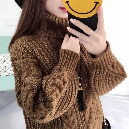 Retro Turtleneckl Knitted Pullover Sweater Womans Lantern Sleeve Casual Loose Thick Woolen Lazy Warm Sweater Top Autumn Winter