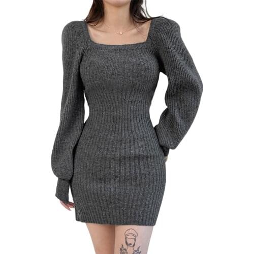 Y2K Womens Fashion Solid Color Short Dress Sexy Square Collar Puff Sleeve Knitted Skinny Dress