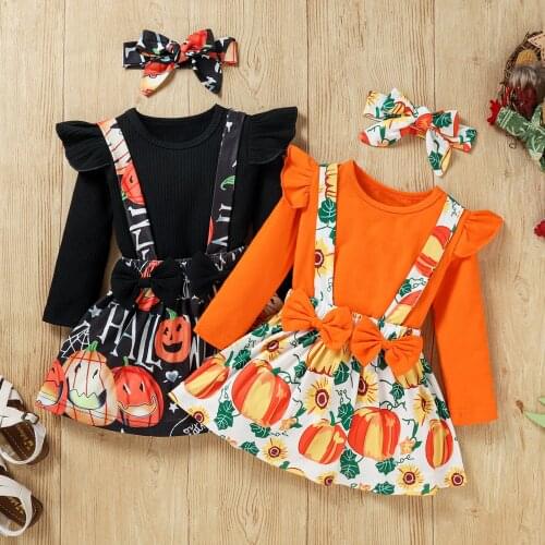 Girl’s Skirt Three Piece Suit Casual Long Sleeve T-shirt and Pumpkin Print Suspender Skirt with Headband