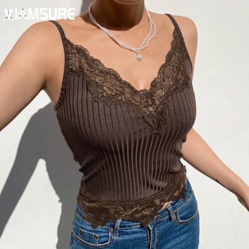 IAMSURE Prairie Chic Brown Lace Camisoles For Women Slim Slevless Deep V-Neck Tank Tops Casual Streetwear 2021 Spring Summer Y2K