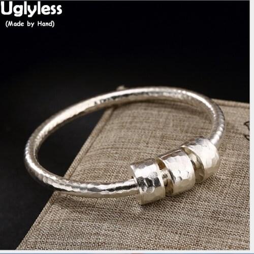 Uglyless Real S 925 Sterling Silver Bangles Women Lovely Beading Bangle Vintage Uneven Face Handmade Fine Jewelry Ethnic Bijoux