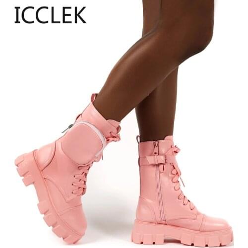 Winter Fashion Motorcycle Boots Wedges Flat Boots Woman High Heel Platform Leather Boots Lace Up Women Shoes Black Botas Mujer